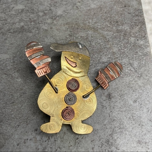 Whimsical Metal Snowman Brooch | Mixed Metal Holiday Pin - Picture 3 of 6